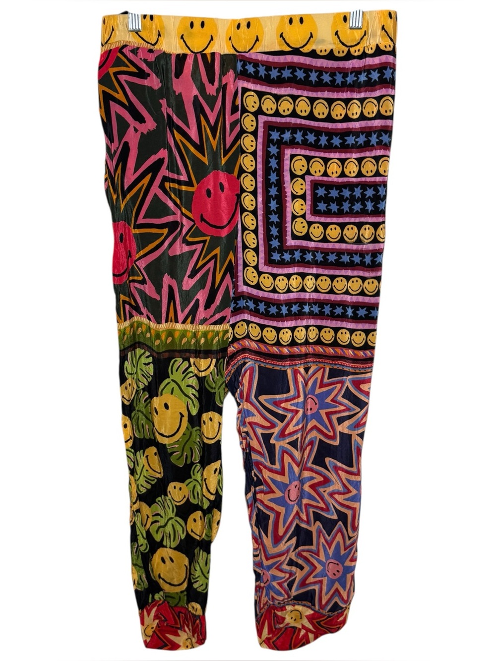 FARM RIO x SMILEY Collab patchwork tapestry pants Vibrant boho artsy Size Large